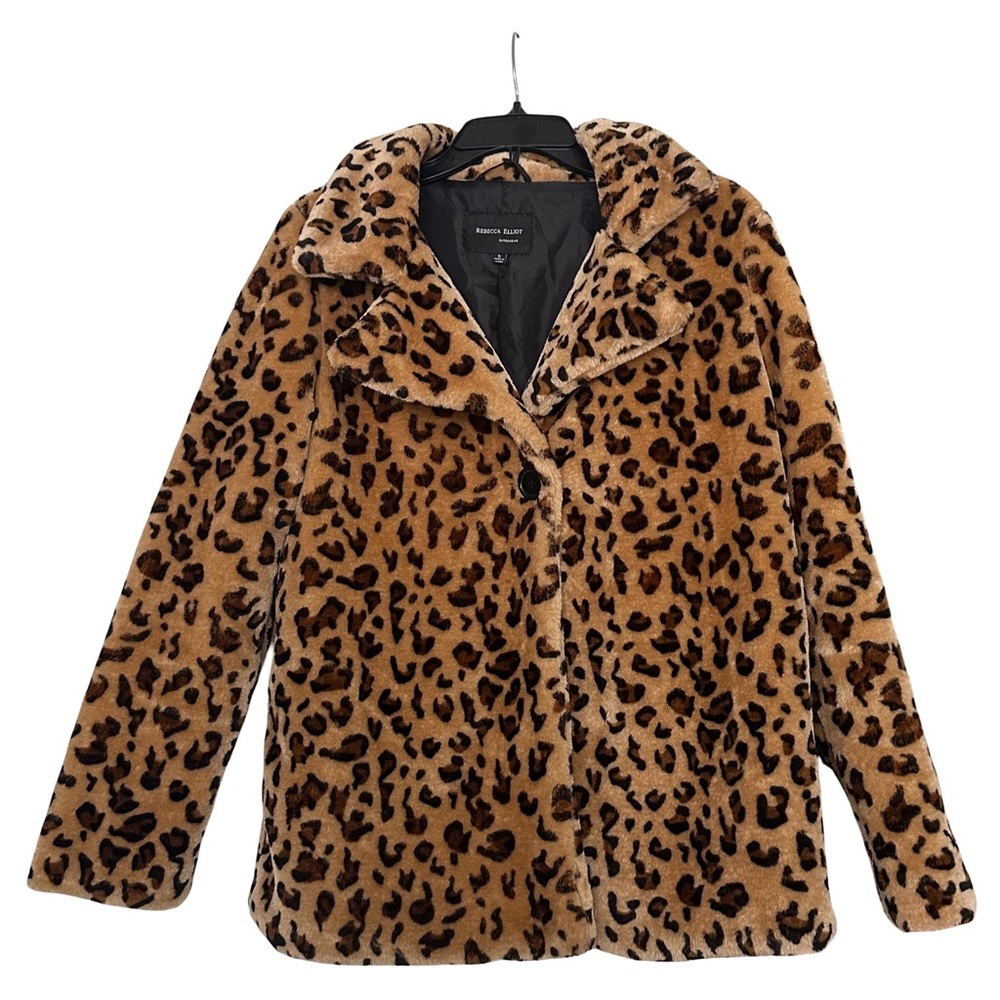 Rebecca Elliot Leopard Print Ultra Soft Plush Faux Fur Coat with Notched Collar